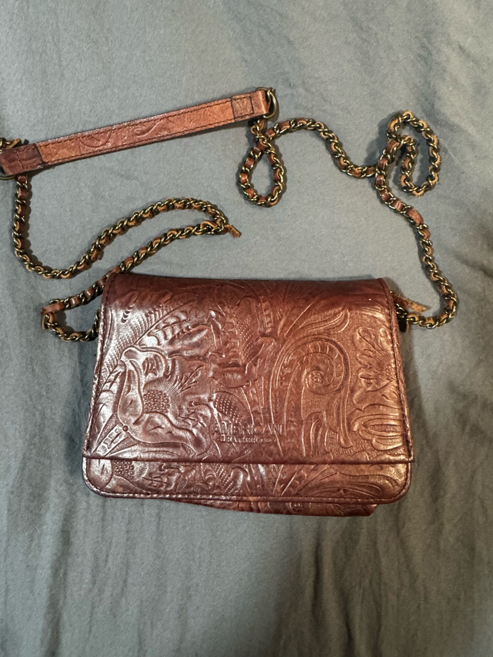 American Leather Co Tooled Floral Leather Crossbody Purse